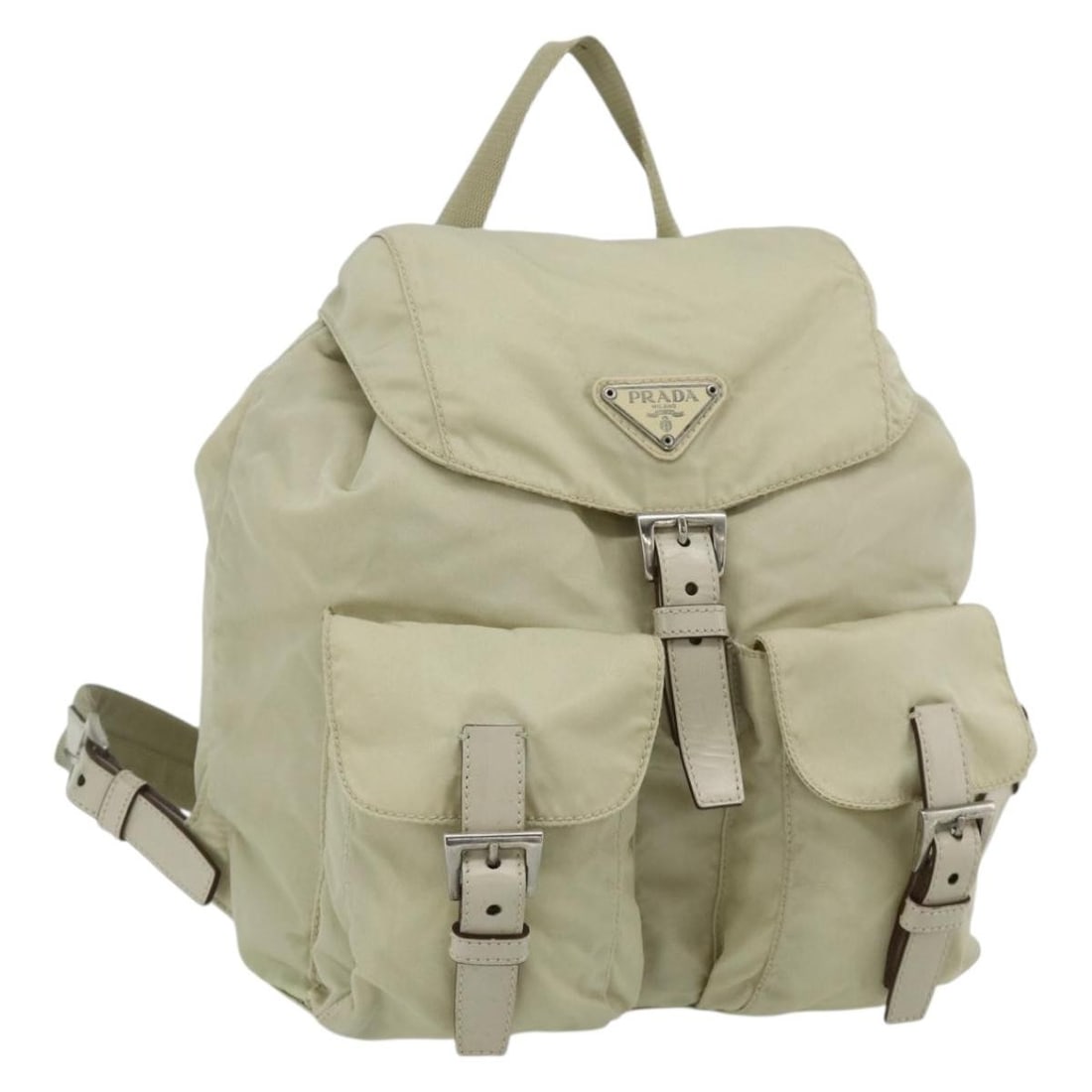 Prada Ivory Nylon Backpack with Silver Tone Hardware and Card: Prada Ivory Nylon Backpack with Silver Tone Hardware and Card Prada nylon backpack in ivory and silver, made in Italy. It comes with a guarantee card and is described as heavily used, with visible wea