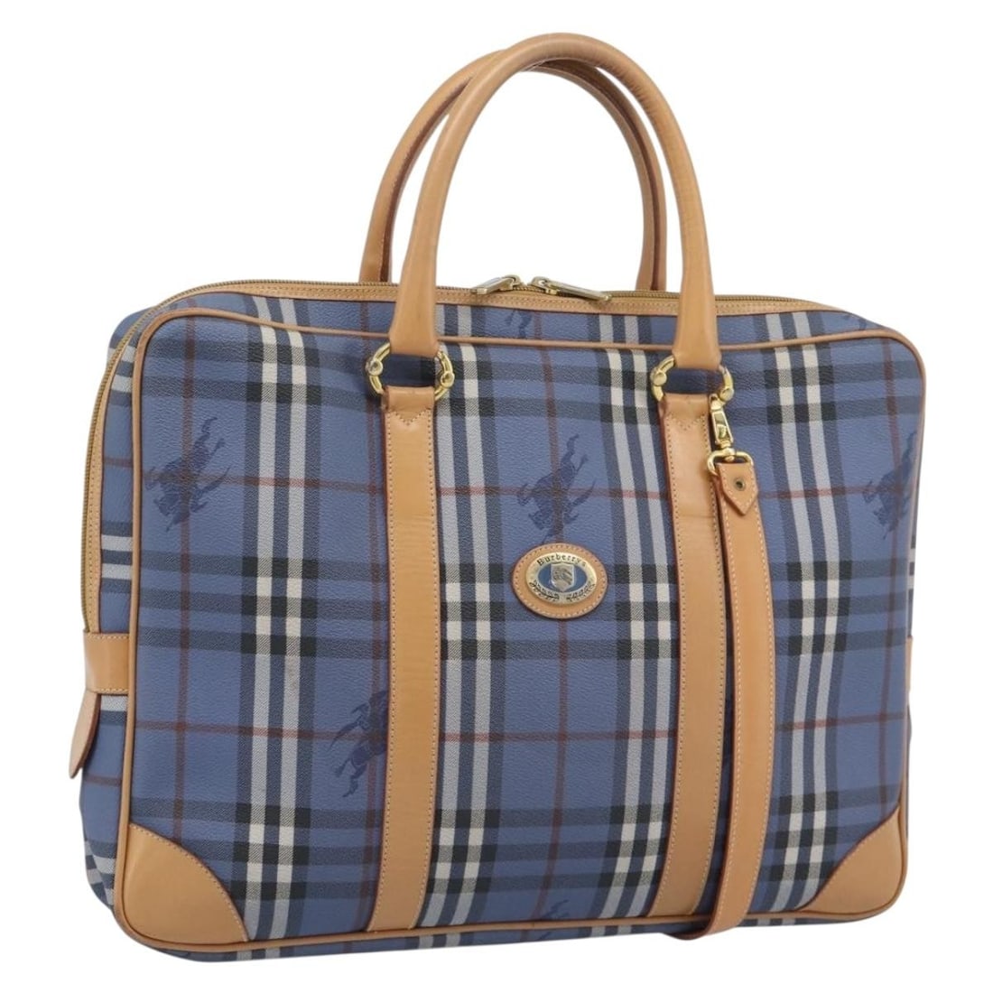 Burberrys Nova Check 2way PVC Leather Handbag Blue Gold Strap: Burberrys Nova Check 2way PVC Leather Handbag Blue Gold Strap Burberrys Nova Check hand bag in blue and gold, made from PVC leather. This 2way bag includes a shoulder strap and was made in Italy. It f