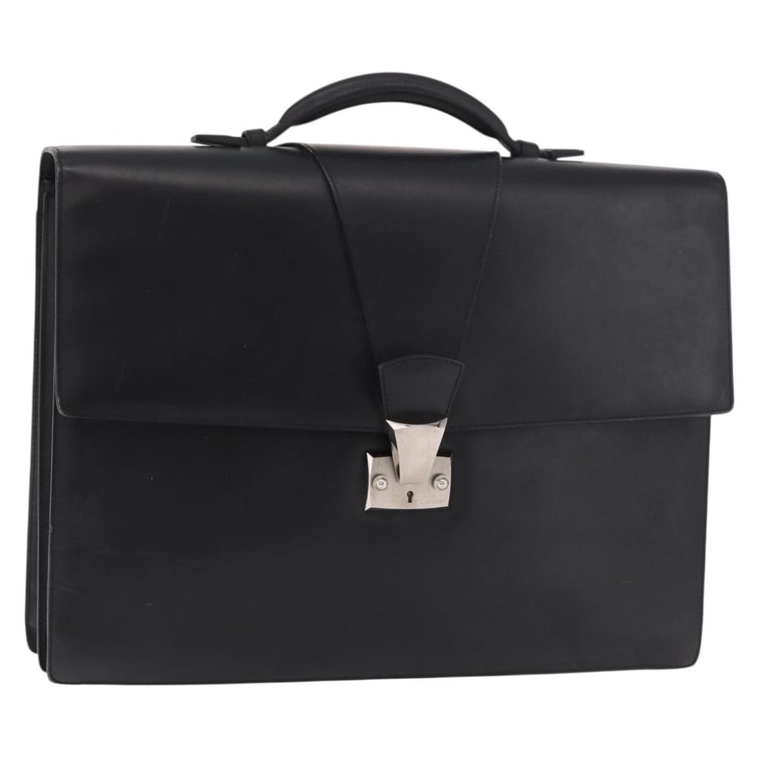 Cartier Black Leather Business Bag Silver Tone with 2 Keys: Cartier Black Leather Business Bag Silver Tone with 2 Keys Black leather business bag with silver-tone metal fittings and two keys. The bag measures approximately 40 cm wide, 31 cm high, and 7 cm deep