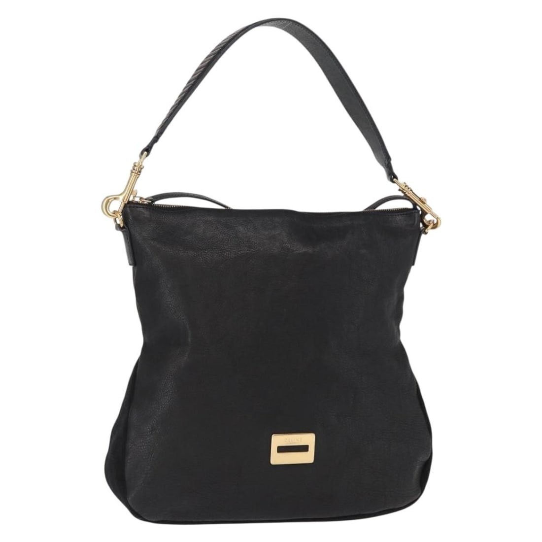 Celine Black Leather Shoulder Bag Gold Tone Hardware Italy: Celine Black Leather Shoulder Bag Gold Tone Hardware Italy A CELINE shoulder bag in black and gold leather, made in Italy. The bag measures approximately 31 cm wide, 31 cm high, and 8 cm deep, with an