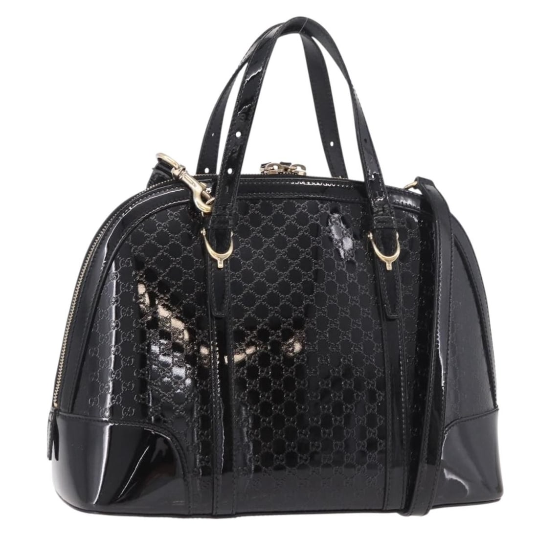 Gucci 309617 2 Way Handbag Black Micro GG Canvas Patent Leather: Gucci 309617 2 Way Handbag Black Micro GG Canvas Patent Leather Gucci 2way handbag in black patent leather and Micro Small GG canvas, featuring gold-tone hardware and a shoulder strap. Made in Italy, 
