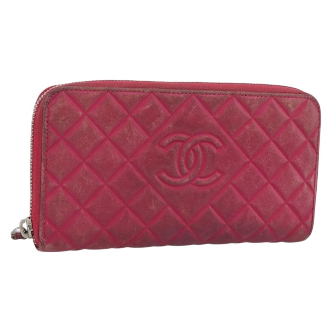 CHANEL Matelasse Lamb Skin Long Wallet Pink Silver Tone Italy: CHANEL Matelasse Lamb Skin Long Wallet Pink Silver Tone Italy A CHANEL long wallet in pink and silver lamb skin, made in Italy. It comes with a guarantee card and measures approximately W 19.5 cm x H 