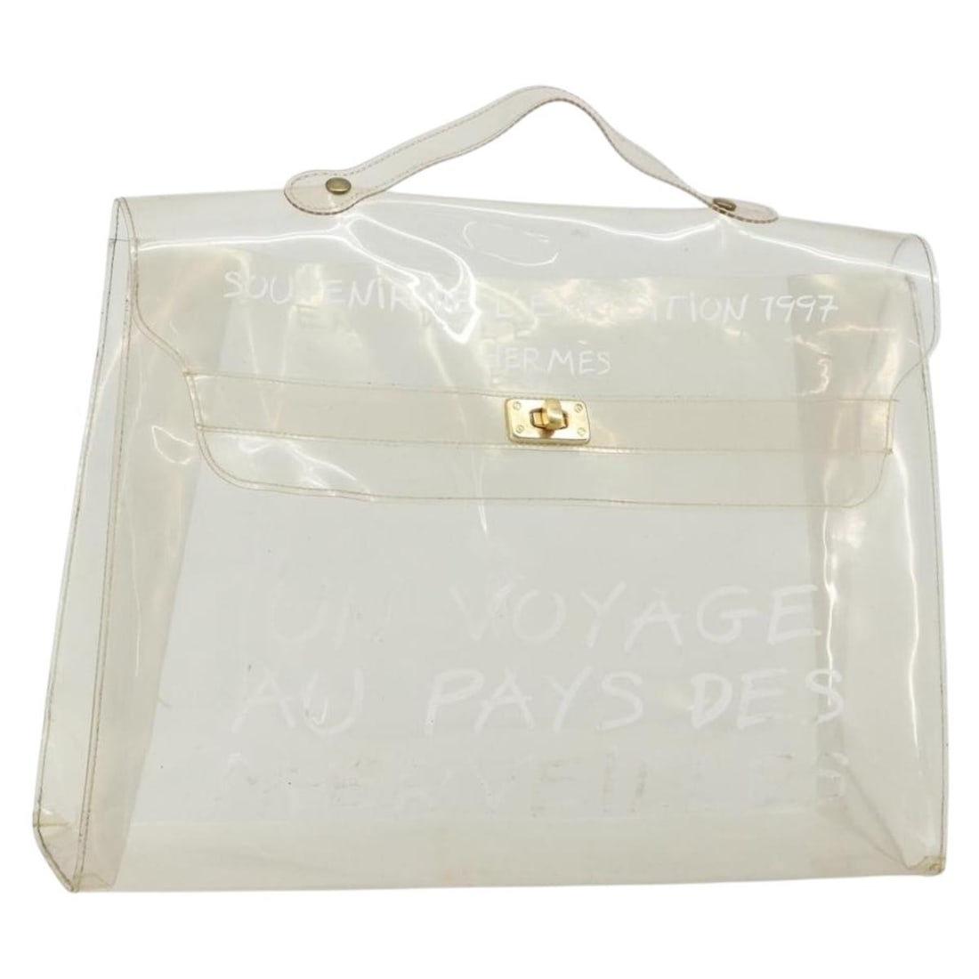 Hermes Clear Vinyl Kelly Handbag Women 15.7 x 10.6 x 4.3 inch: Hermes Clear Vinyl Kelly Handbag Women 15.7 x 10.6 x 4.3 inch This HERMES Kelly hand bag is crafted from clear vinyl and features a structured silhouette. Designed for women, it has a top handle with 