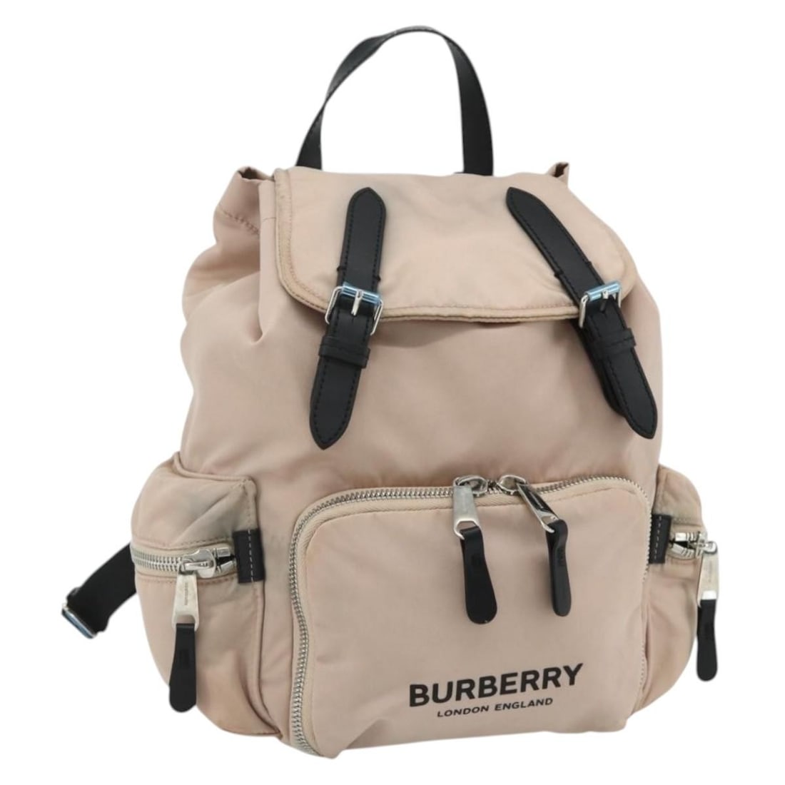 Burberry Women Nylon Backpack in Pink and Silver: Burberry Women Nylon Backpack in Pink and Silver Burberry backpack in nylon with a pink and silver exterior. Made in Romania, this women's backpack measures approximately 20 cm W x 33 cm H x 14 cm D (