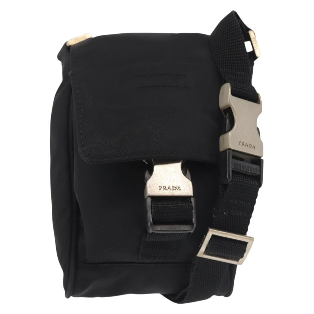 PRADA Black Nylon Shoulder Bag Silver Tone Hardware: PRADA Black Nylon Shoulder Bag Silver Tone Hardware PRADA shoulder bag in black and silver nylon, made in Italy. The bag measures approximately 10 cm W x 15 cm H x 4 cm D, with a shoulder drop of appr