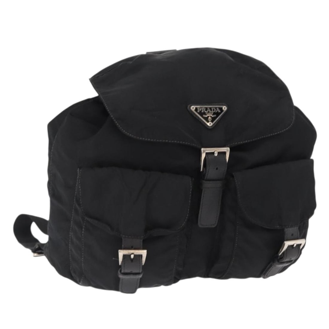 Black Nylon Backpack from PRADA with Silver Accents: Black Nylon Backpack from PRADA with Silver Accents This PRADA backpack features a black nylon exterior with silver-tone accents. Designed with practicality in mind, it offers a spacious interior and 