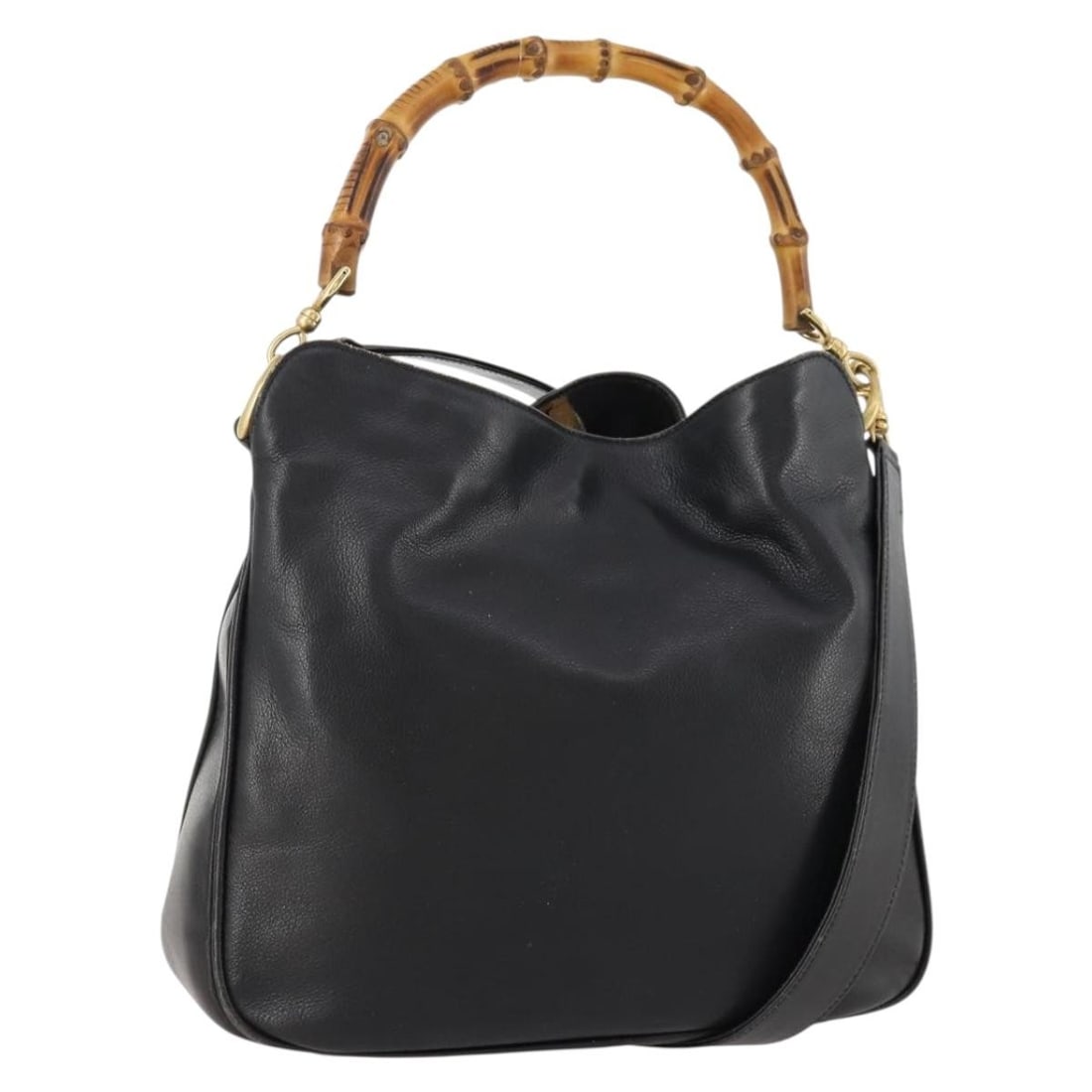 Gucci Black Leather Bamboo Handle Shoulder Handbag with Gold Accents: Gucci Black Leather Bamboo Handle Shoulder Handbag with Gold Accents This GUCCI Bamboo Hand Bag offers versatile 2-way use with both a top handle and detachable shoulder strap. Crafted from black leat
