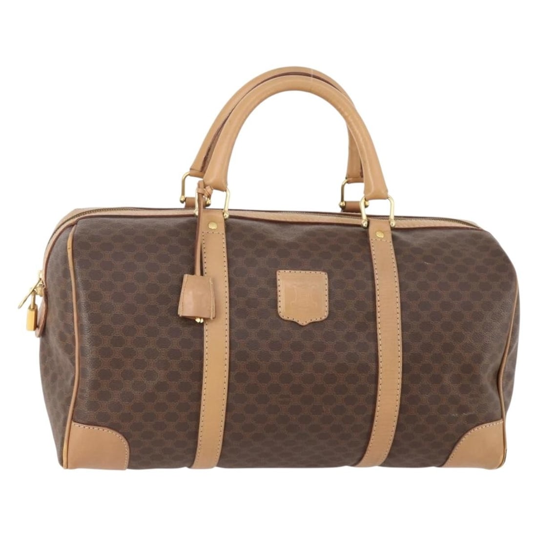 CELINE Macadam Canvas Boston Bag Brown Gold Padlock Key Clochette: CELINE Macadam Canvas Boston Bag Brown Gold Padlock Key Clochette This CELINE Boston Bag features the signature Macadam canvas and PVC leather in brown and gold tones. Designed for women, it includes 
