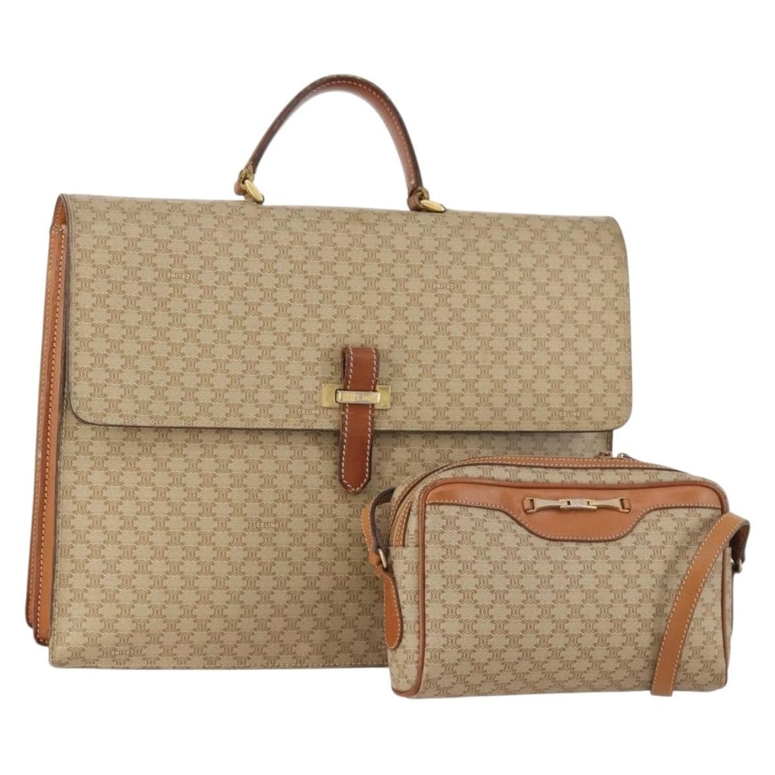 Set of 2 Beige PVC Macadam Canvas Shoulder Bags by CELINE: Set of 2 Beige PVC Macadam Canvas Shoulder Bags by CELINE This is a CELINE Macadam Canvas shoulder bag set for women, crafted in beige PVC leather and Macadam canvas. Made in Italy, this special bundl