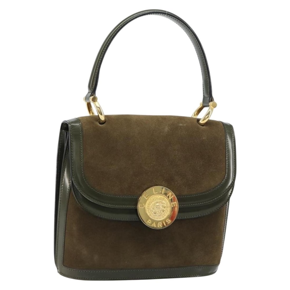 CELINE Khaki Gold Suede Hand Bag Made in Italy: CELINE Khaki Gold Suede Hand Bag Made in Italy This CELINE hand bag is crafted in suede and presented in khaki with gold-tone accents. Made in Italy, it measures approximately W22 x H20 x D10 cm, with