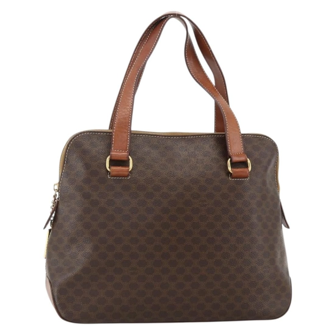 Celine Macadam Brown PVC Leather Handbag Gold Tone Hardware: Celine Macadam Brown PVC Leather Handbag Gold Tone Hardware Brown and gold handbag in PVC leather and Macadam canvas. Made in Italy, this piece features a structured hand bag style with a 15 cm handle