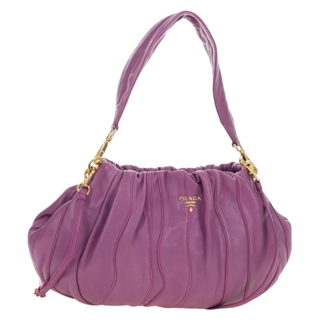 PRADA Purple Leather 2way Shoulder Bag with Strap and Dust Bag: PRADA Purple Leather 2way Shoulder Bag with Strap and Dust Bag PRADA shoulder bag in leather with a 2-way design, presented in purple with gold-tone accents. Made in Italy, this women's bag measures a