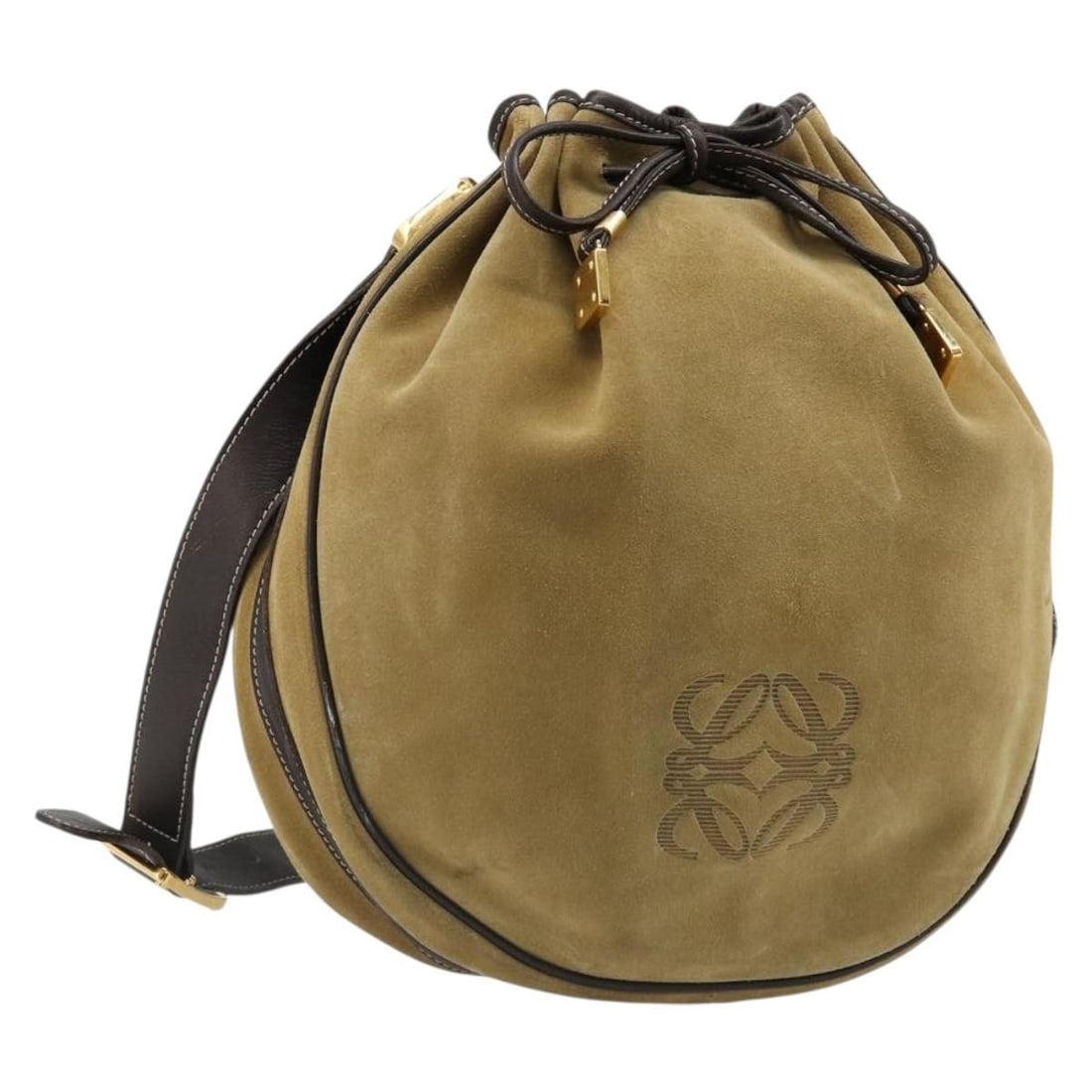 LOEWE Anagram Suede Shoulder Bag Beige Gold Tone Spain: LOEWE Anagram Suede Shoulder Bag Beige Gold Tone Spain LOEWE Anagram Shoulder Bag in beige suede with gold exterior accents, made in Spain. This women's shoulder bag measures approximately 25 cm W x 2