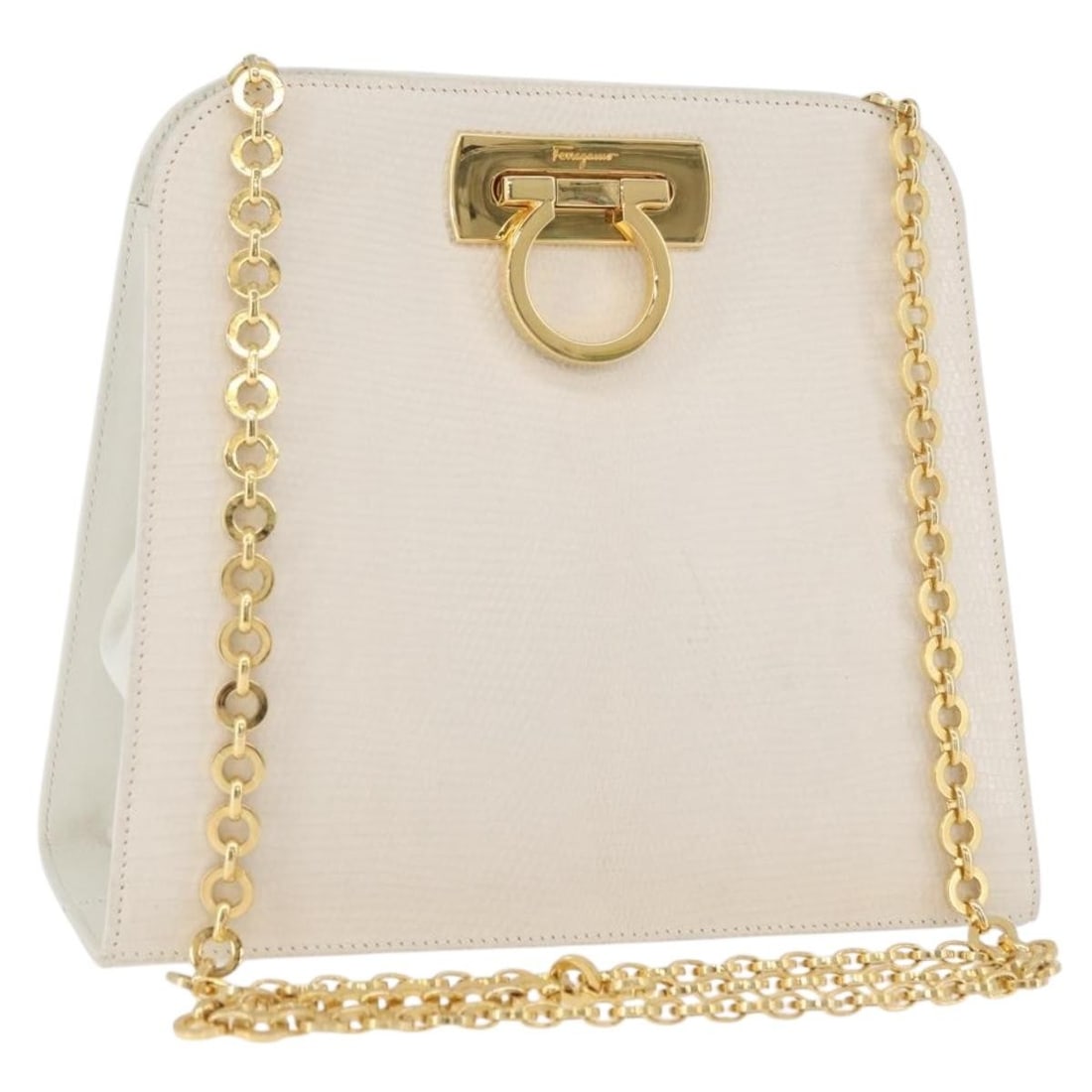 Salvatore Ferragamo Gancini white leather shoulder bag gold chain: Salvatore Ferragamo Gancini white leather shoulder bag gold chain This Salvatore Ferragamo Gancini chain shoulder bag features a white and gold leather exterior with gold-tone hardware. Made in Italy,