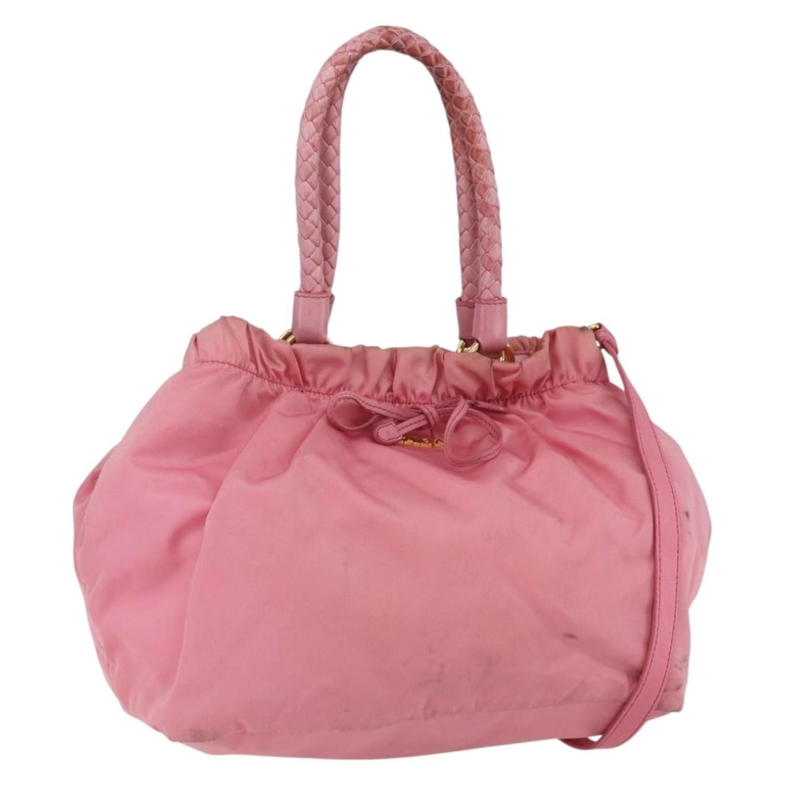 Prada Pink Nylon Shoulder Bag with Strap Italy: Prada Pink Nylon Shoulder Bag with Strap Italy This PRADA 2-way handbag is crafted from pink and gold nylon and offers versatile carrying options with both handles and a detachable shoulder strap. Mad