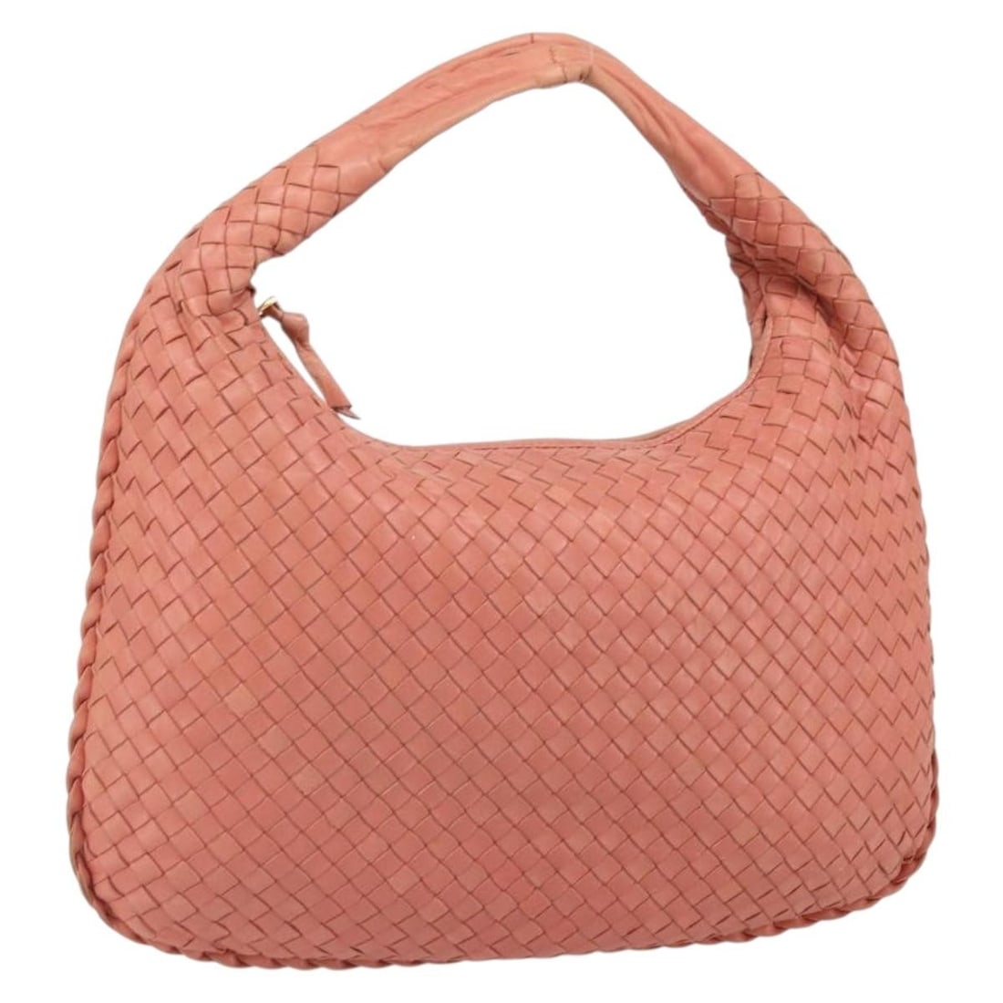 Pink Leather Intrecciato Hobo Shoulder Bag by Bottega Veneta: Pink Leather Intrecciato Hobo Shoulder Bag by Bottega Veneta This Bottega Veneta Intrecciato hobo handbag is crafted from pink and gold leather, offering a stylish and distinctive look. Designed for w