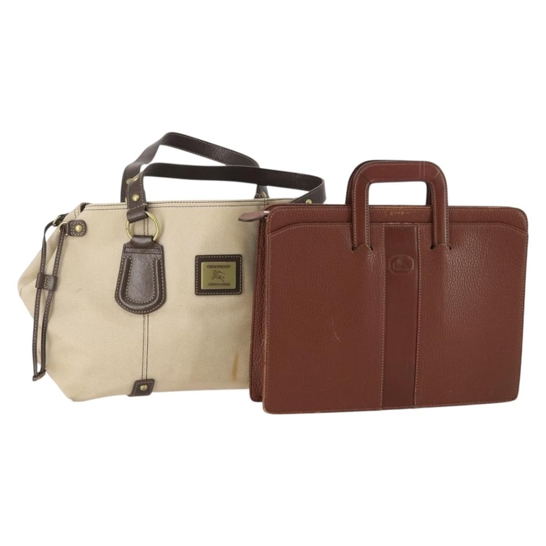 Burberrys Brown Beige Canvas Leather Hand Bag 2 Piece Set: Burberrys Brown Beige Canvas Leather Hand Bag 2 Piece Set Burberrys hand bag set in brown and beige canvas with leather details, made in Italy. This listing is for the item shown in the photo only; no