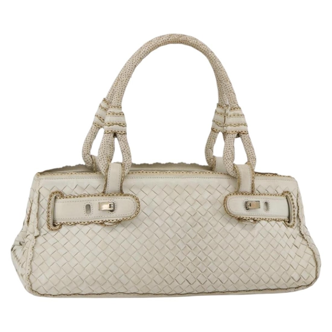 White Leather Hand Bag BOTTEGA VENETA Intrecciato Italy: White Leather Hand Bag BOTTEGA VENETA Intrecciato Italy Bottega Veneta Intrecciato hand bag in white leather, made in Italy. This women's bag features a 15.0 inch width, 5.9 inch height, 4.7 inch dept