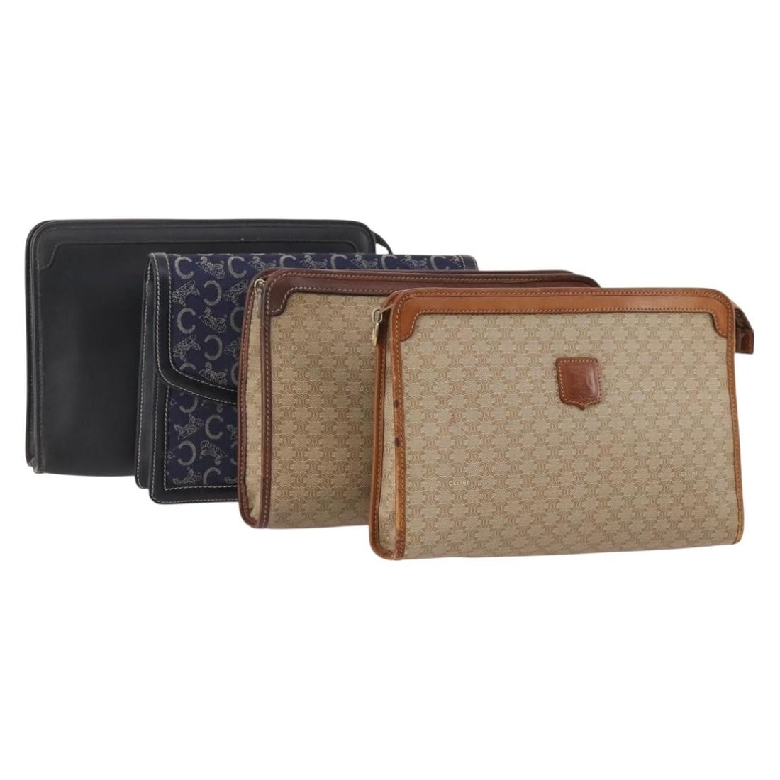 Set of 4 Celine Macadam Canvas Clutch Bags PVC Leather Brown Beige Navy: Set of 4 Celine Macadam Canvas Clutch Bags PVC Leather Brown Beige Navy A CELINE Macadam Canvas C Sulky clutch bag set in brown, beige, and navy, made from PVC leather and Macadam canvas. The listing 