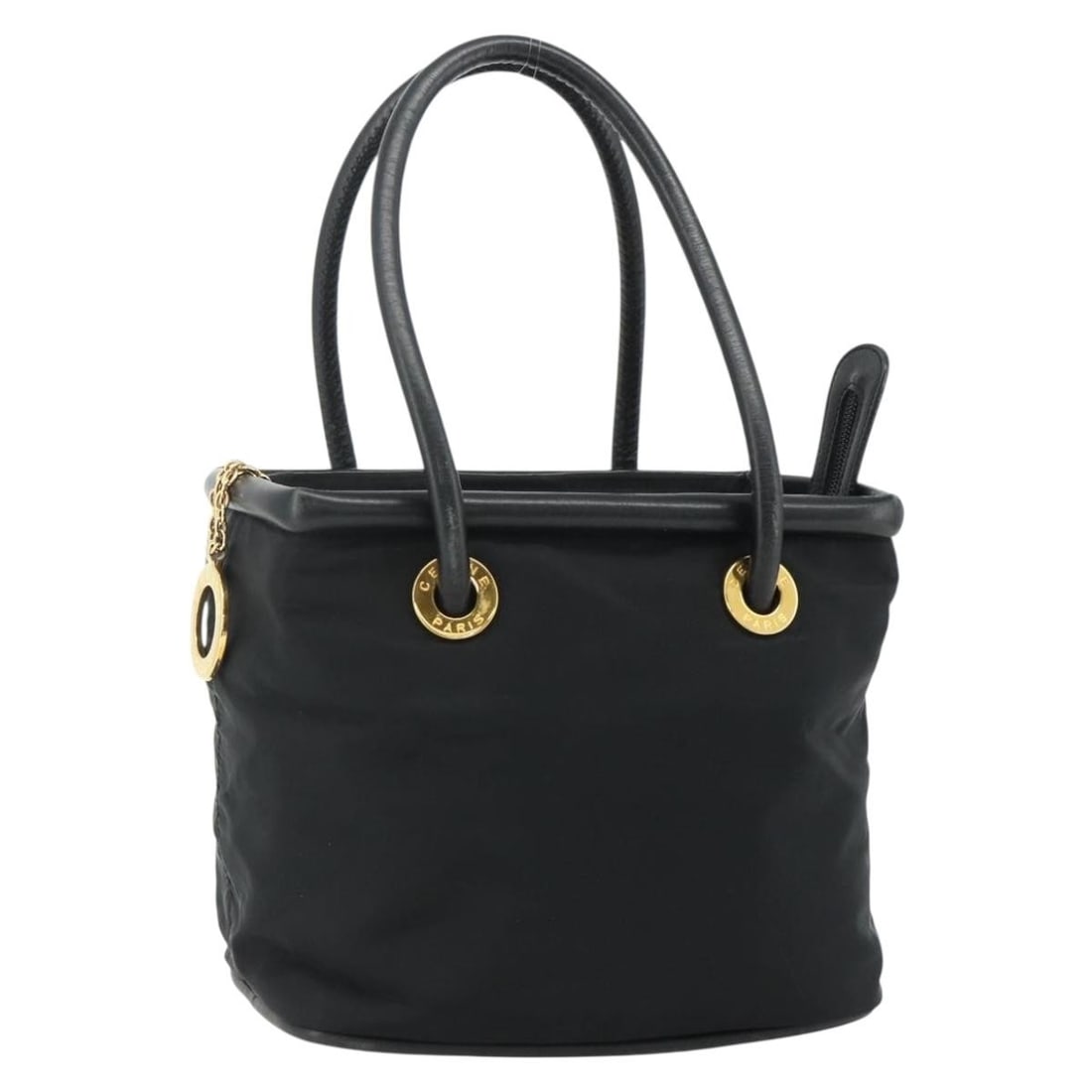 Celine Circle Nylon Handbag Black Gold Tone Italy: Celine Circle Nylon Handbag Black Gold Tone Italy CELINE circle hand bag in black and gold nylon, made in Italy. This handbag measures approximately W22 cm x H20 cm x D14 cm, with a handle drop of app