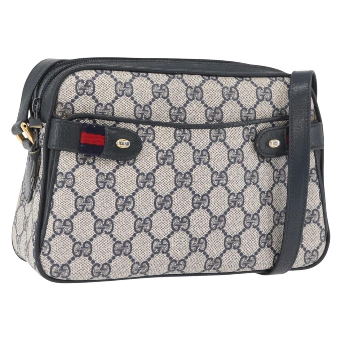 Gucci GG Supreme Navy Sherry Line PVC Shoulder Bag 93 02 049: Gucci GG Supreme Navy Sherry Line PVC Shoulder Bag 93 02 049 This Gucci GG Supreme Sherry Line shoulder bag features navy and gold PVC leather with GG canvas detailing. Designed for women, it includes