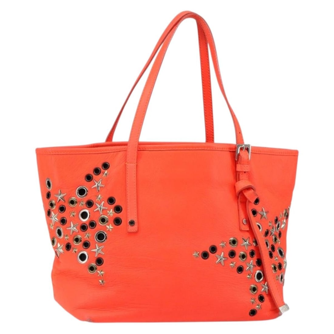 Orange Leather Tote with Silver Studs by Jimmy Choo: Orange Leather Tote with Silver Studs by Jimmy Choo This Jimmy Choo tote bag is crafted from orange and silver leather and features silver-tone stud detailing. Designed for women, the bag offers a spa