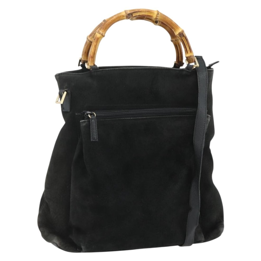 Gucci Bamboo suede black gold 2way handbag with shoulder strap: Gucci Bamboo suede black gold 2way handbag with shoulder strap This GUCCI Bamboo Hand Bag is crafted from black suede with gold-tone accents and features a versatile 2-way design. The bag includes bot