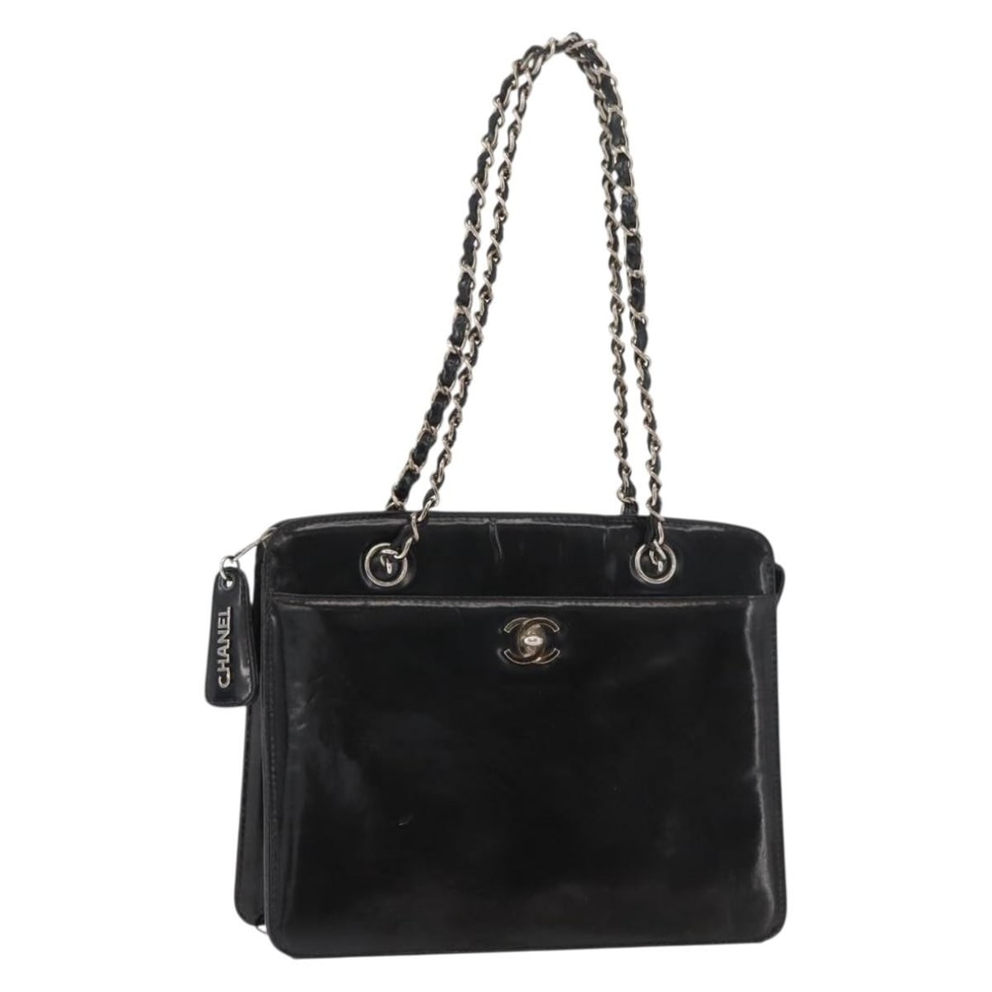 CHANEL Matelasse Patent Leather Hand Bag Black Silver Chain CC: CHANEL Matelasse Patent Leather Hand Bag Black Silver Chain CC CHANEL Matelasse Chain Hand Bag in black and silver patent leather, made in France. This women's handbag features a chain handle and a re