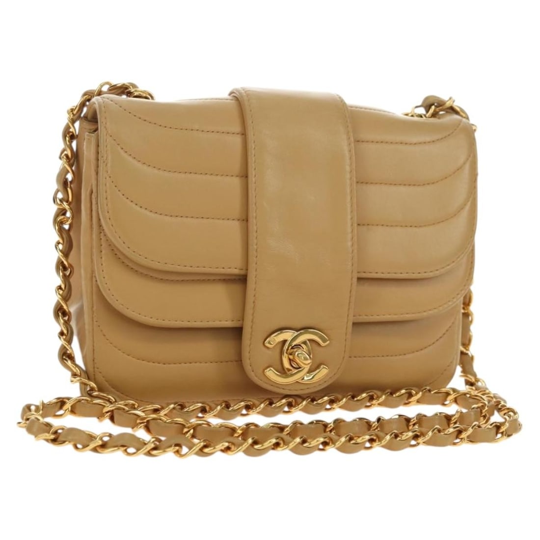 CHANEL Beige Lambskin CC Chain Shoulder Bag Repainted: CHANEL Beige Lambskin CC Chain Shoulder Bag Repainted CHANEL shoulder bag in beige lamb skin with gold-tone CC detailing. This women's bag was made in France and includes the dust bag and item box. It