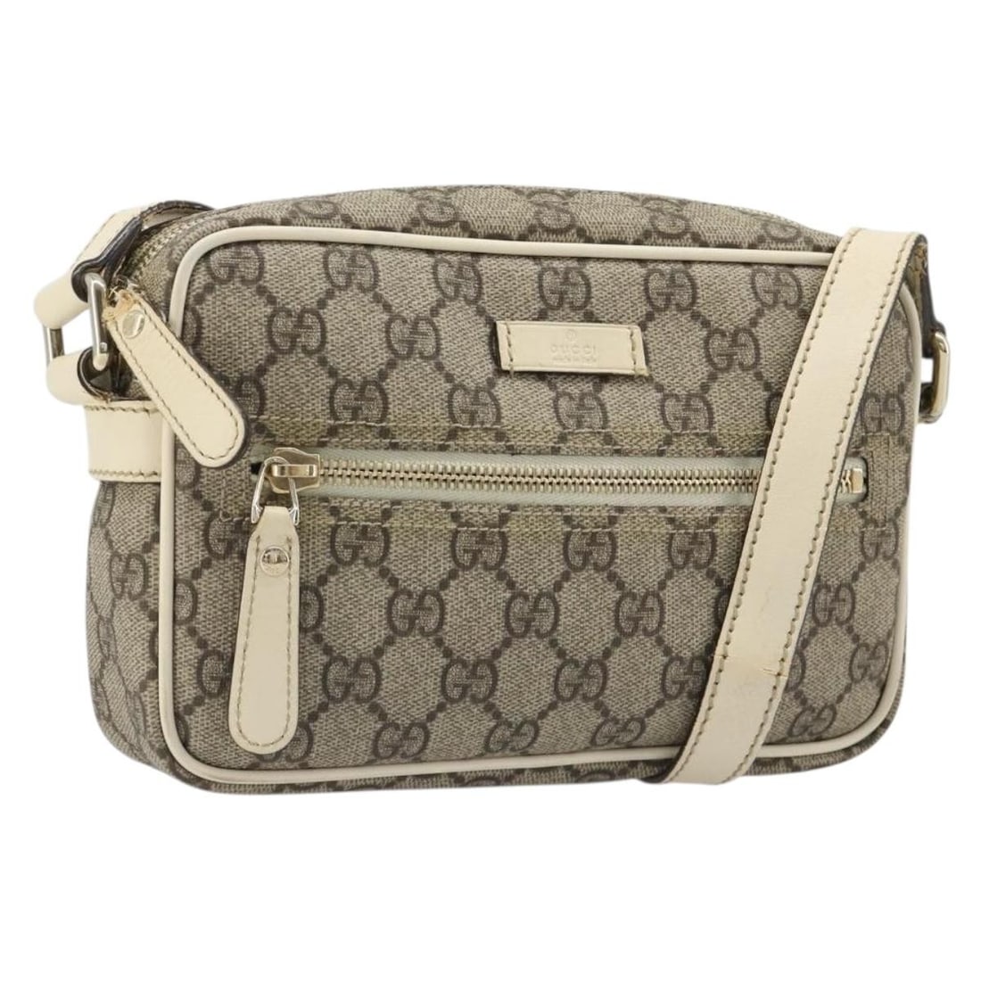 Gucci 201447 GG Supreme PVC Leather Shoulder Bag White Gold: Gucci 201447 GG Supreme PVC Leather Shoulder Bag White Gold Gucci GG Supreme shoulder bag in white and gold, made from PVC leather and GG canvas. This bag is made in Italy and features a shoulder stra