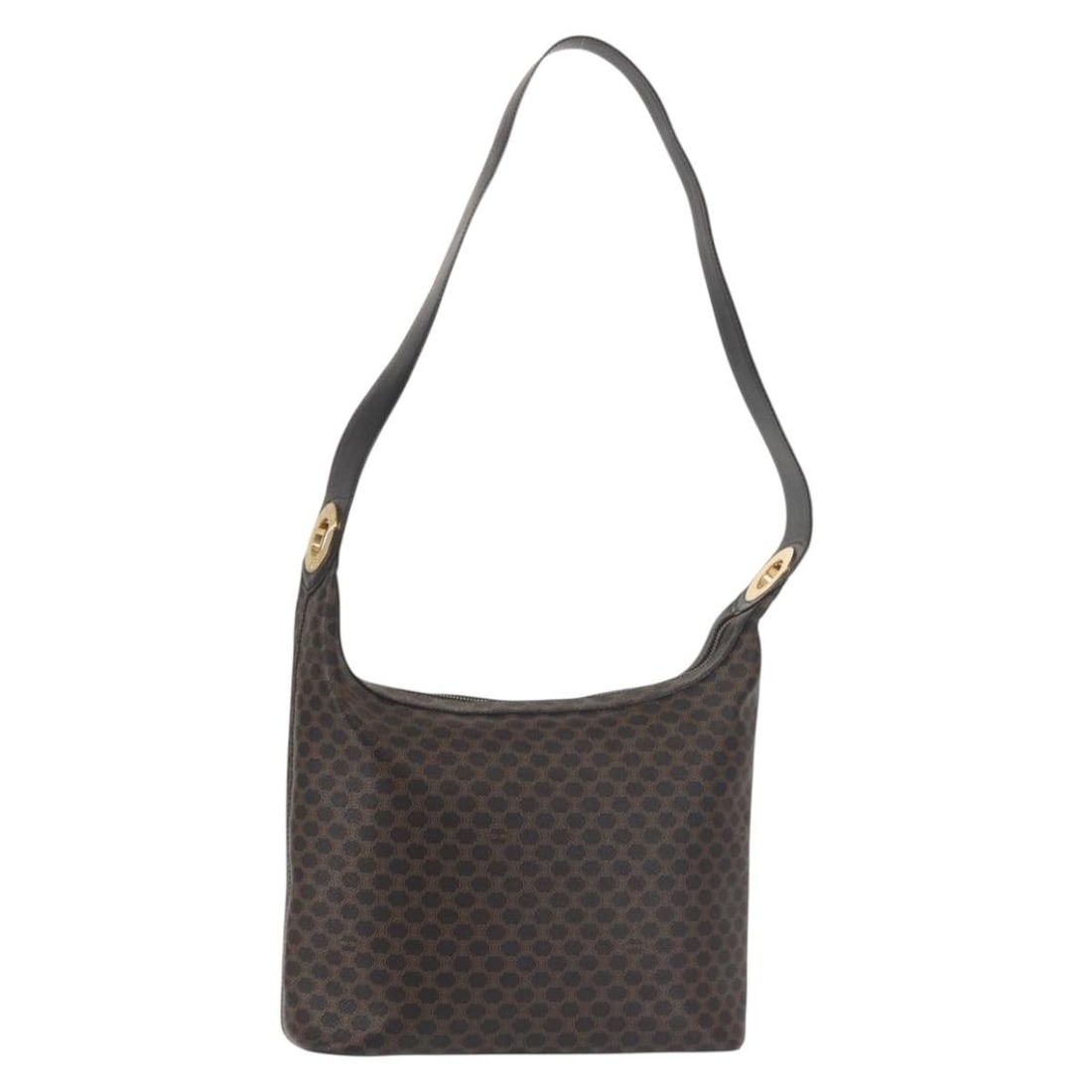 CELINE Macadam Shoulder Bag in Black PVC Leather Gold Tone: CELINE Macadam Shoulder Bag in Black PVC Leather Gold Tone Celine Macadam canvas shoulder bag in black with gold-tone accents, crafted from PVC leather and Macadam canvas. Made in Italy, this women's 