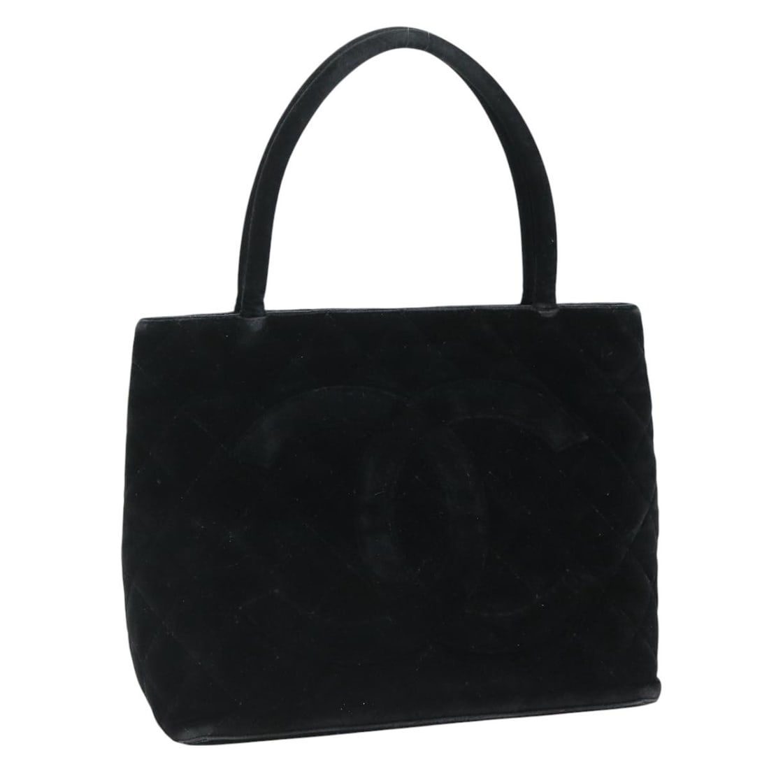 Chanel CC Matelasse Velor Tote Bag Black: Chanel CC Matelasse Velor Tote Bag Black A black CHANEL Matelasse Standard Tote Bag in velor, made in France. The bag measures approximately 30 cm wide, 24 cm high, and 15 cm deep, with a handle drop 