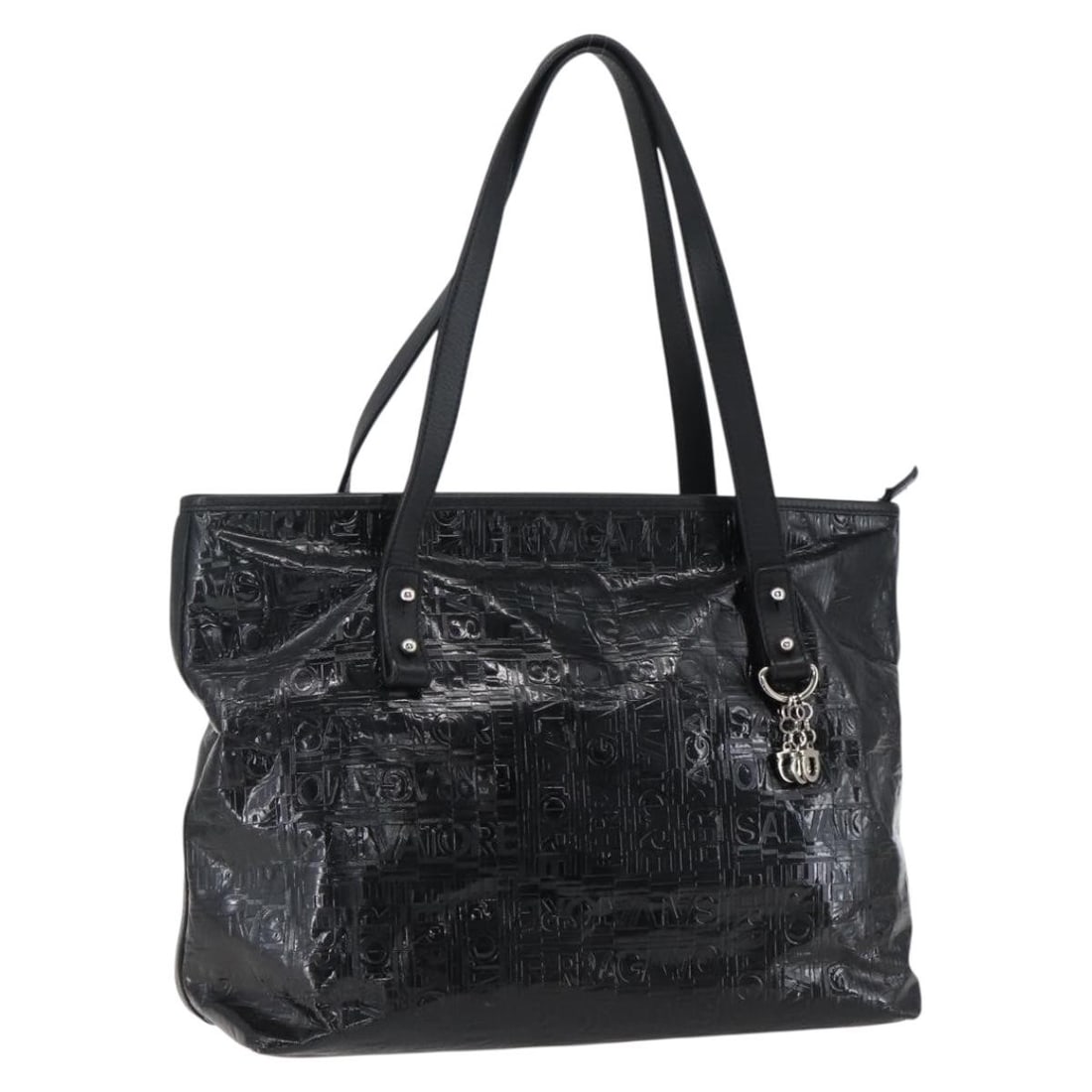 Black Patent Leather Tote by Salvatore Ferragamo with Silver Accents: Black Patent Leather Tote by Salvatore Ferragamo with Silver Accents This Salvatore Ferragamo tote bag features a black patent leather exterior with silver-tone accents. Crafted in Italy, the bag has 
