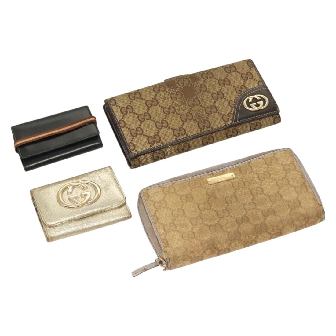 GUCCI GG Canvas Wallet Leather 4 Piece Set Black Beige Gold Auth: GUCCI GG Canvas Wallet Leather 4 Piece Set Black Beige Gold Auth This GUCCI GG Canvas Wallet set features a stylish combination of black, beige, and gold hues, crafted from premium leather and GG canv