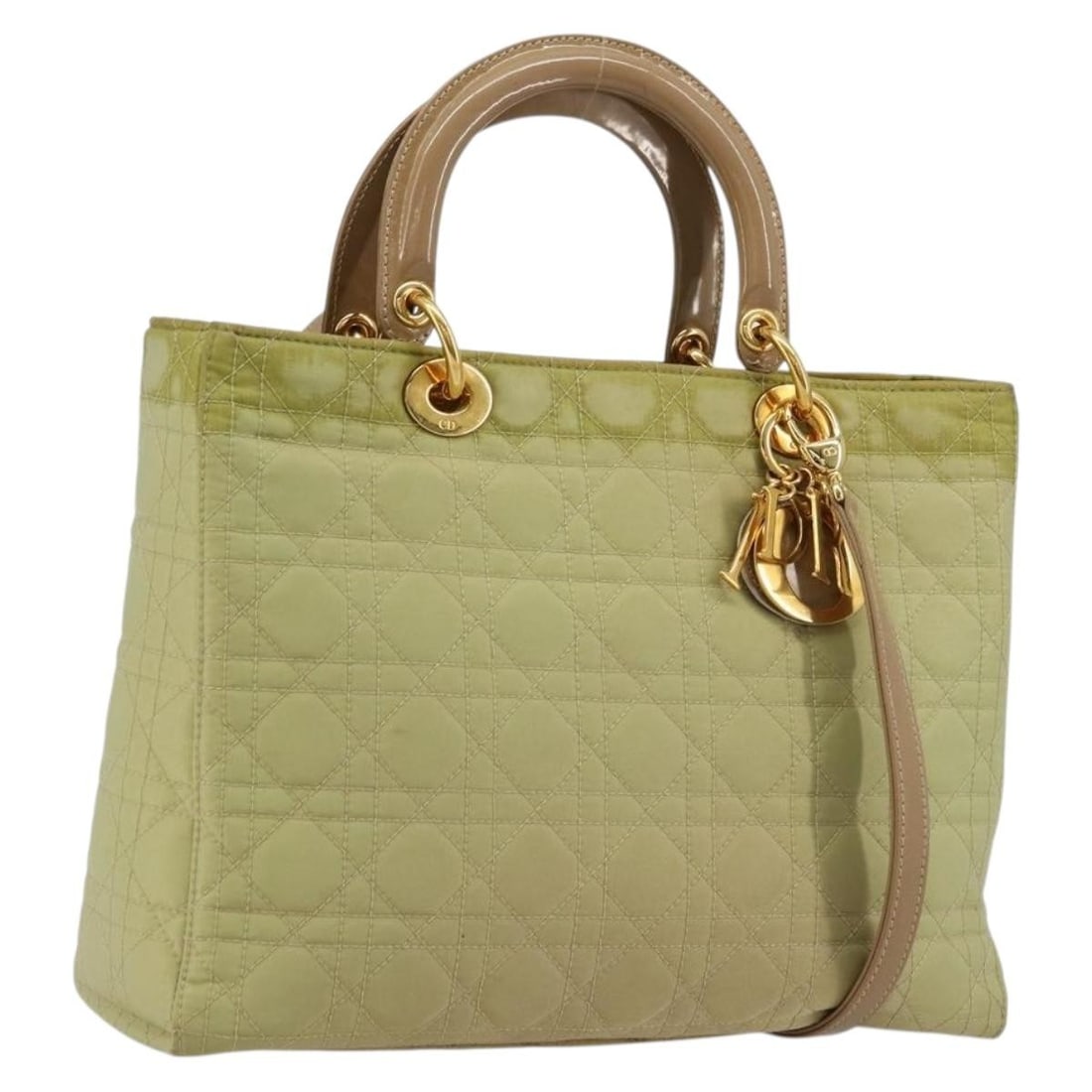 Christian Dior Cannage Nylon 2 Way Handbag Green Gold Tone: Christian Dior Cannage Nylon 2 Way Handbag Green Gold Tone Christian Dior Canage hand bag in nylon with a green and gold exterior. It is a 2way style with a shoulder strap and charm accessory, made in