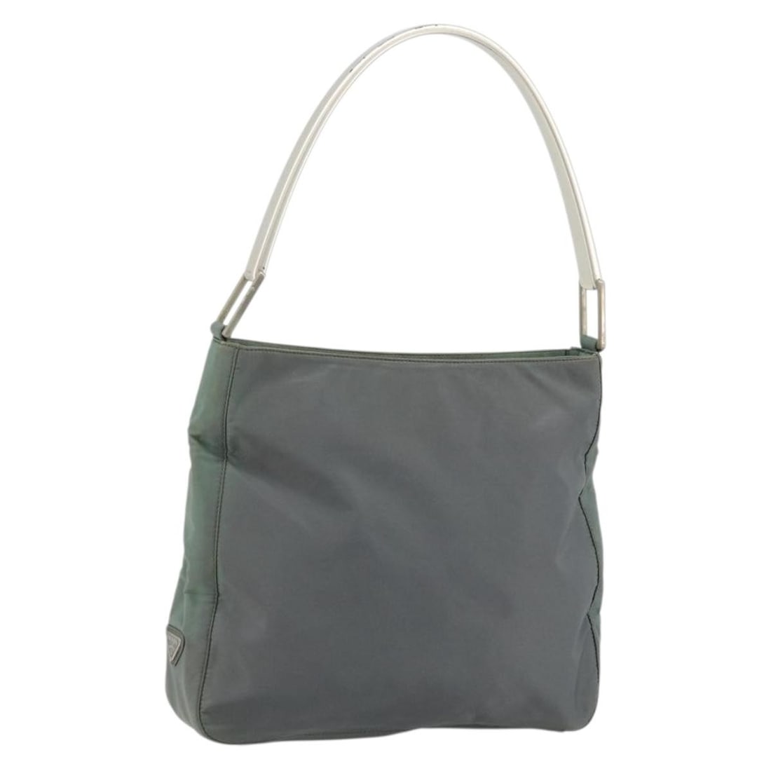 Prada Green Nylon Shoulder Bag with Silver Details and Guarantee Card: Prada Green Nylon Shoulder Bag with Silver Details and Guarantee Card This PRADA shoulder bag is crafted from durable nylon in a green and silver color scheme. Designed for women, it features a practi