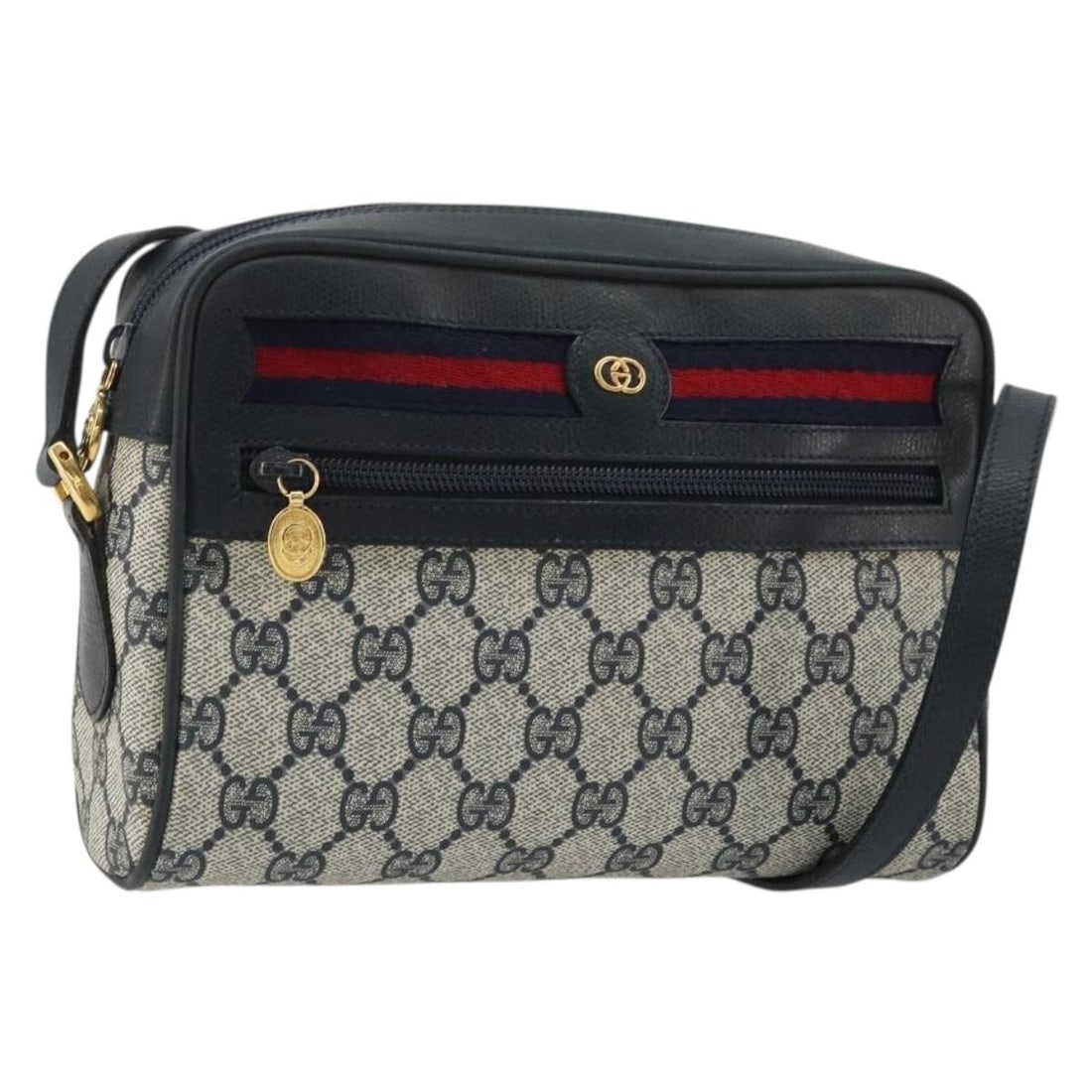 Gucci GG Supreme Sherry Line PVC Shoulder Bag Navy Red Gold: Gucci GG Supreme Sherry Line PVC Shoulder Bag Navy Red Gold GUCCI GG Supreme Sherry Line shoulder bag in navy, gold, and red PVC leather with GG canvas. Made in Italy, this women's shoulder bag featur