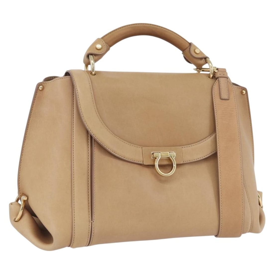 Salvatore Ferragamo Sofia Gancini Leather Beige Gold Two Way Handbag with Strap (1 of 18)