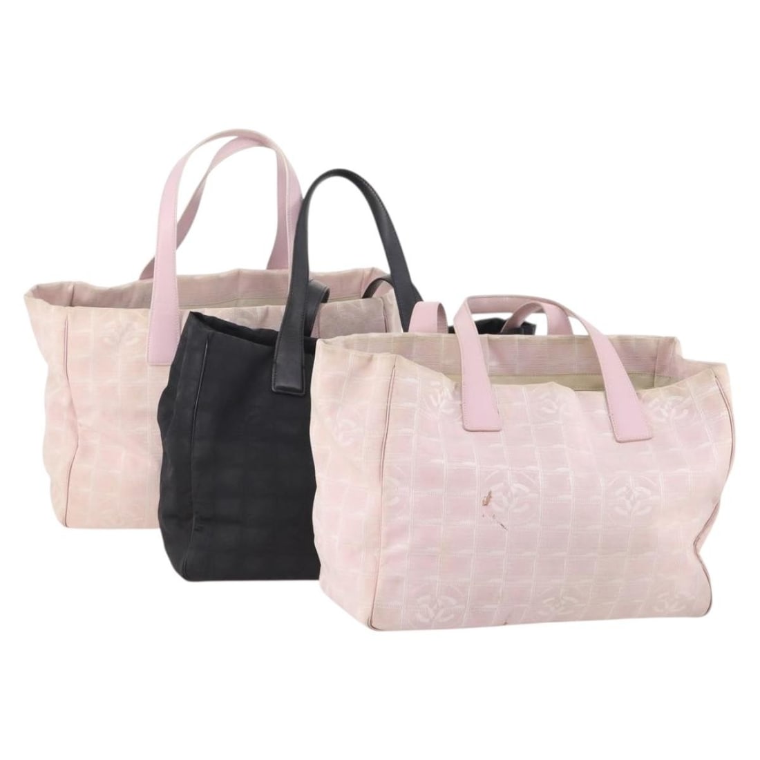 3 Piece CHANEL New Travel Line Nylon Tote Bag Set Pink Black: 3 Piece CHANEL New Travel Line Nylon Tote Bag Set Pink Black CHANEL New Travel Line tote bag in nylon with a pink and black exterior, made in France. This special set sale is offered as shown in the p