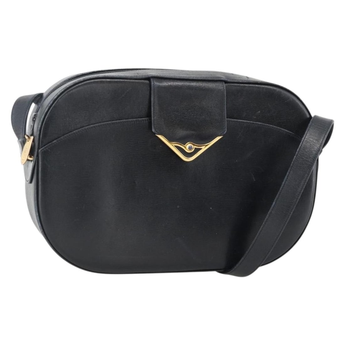 Cartier Leather Shoulder Bag Navy with Gold Tone Made in France: Cartier Leather Shoulder Bag Navy with Gold Tone Made in France Cartier women's shoulder bag in navy and gold leather, made in France. The bag measures approximately 25 cm wide, 16 cm high, and 5 cm d