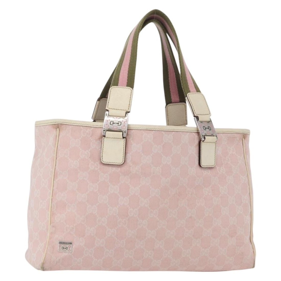 Gucci Sherry Line Pink Silver GG Canvas Tote 145758: Gucci Sherry Line Pink Silver GG Canvas Tote 145758 This GUCCI GG Canvas Sherry Line tote bag features a stylish pink and silver color combination with the iconic GG canvas exterior. Designed for wome