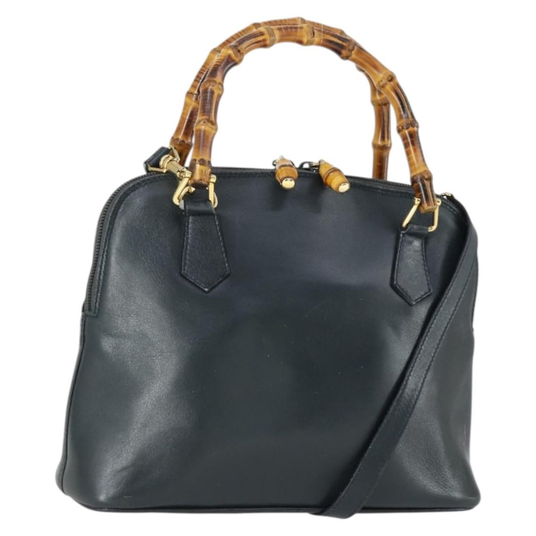 Gucci Bamboo Black Leather 2way Shoulder and Top Handle Handbag with Gold Accents: Gucci Bamboo Black Leather 2way Shoulder and Top Handle Handbag with Gold Accents This is a GUCCI Bamboo handbag crafted from black leather with gold-tone accents. Designed for women, it features both