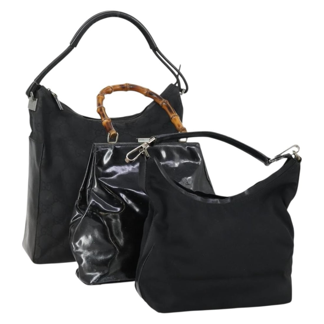 Gucci Black Nylon GG Canvas Shoulder Bag Auth 151641: Gucci Black Nylon GG Canvas Shoulder Bag Auth 151641 This is a set of three authentic GUCCI GG Canvas shoulder bags crafted from black nylon and GG canvas. Designed for women, these bags are made in I