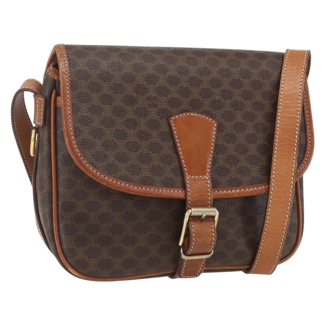 Celine Macadam Brown PVC Coated Canvas Shoulder Bag Gold Tone Accent: Celine Macadam Brown PVC Coated Canvas Shoulder Bag Gold Tone Accent This CELINE Macadam shoulder bag features a brown and gold color scheme crafted from PVC leather and Macadam canvas. The bag is mad