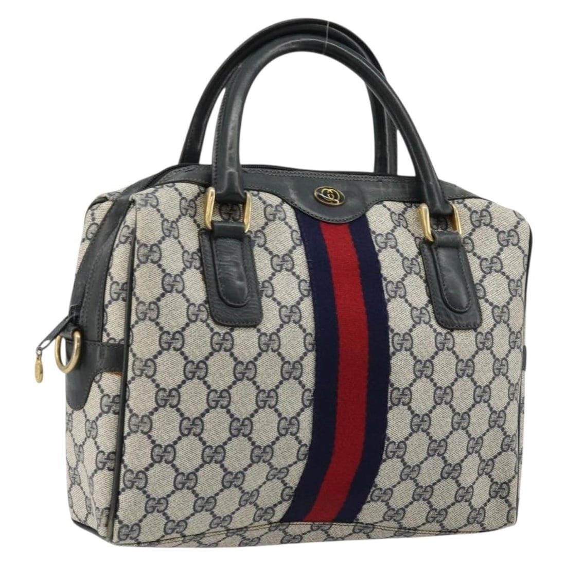 Gucci GG Supreme Navy Gold Handbag Italy 010 378: Gucci GG Supreme Navy Gold Handbag Italy 010 378 This GUCCI GG Supreme Sherry Line handbag features a navy and gold color scheme crafted from PVC leather and GG canvas. Made in Italy, the bag offers a