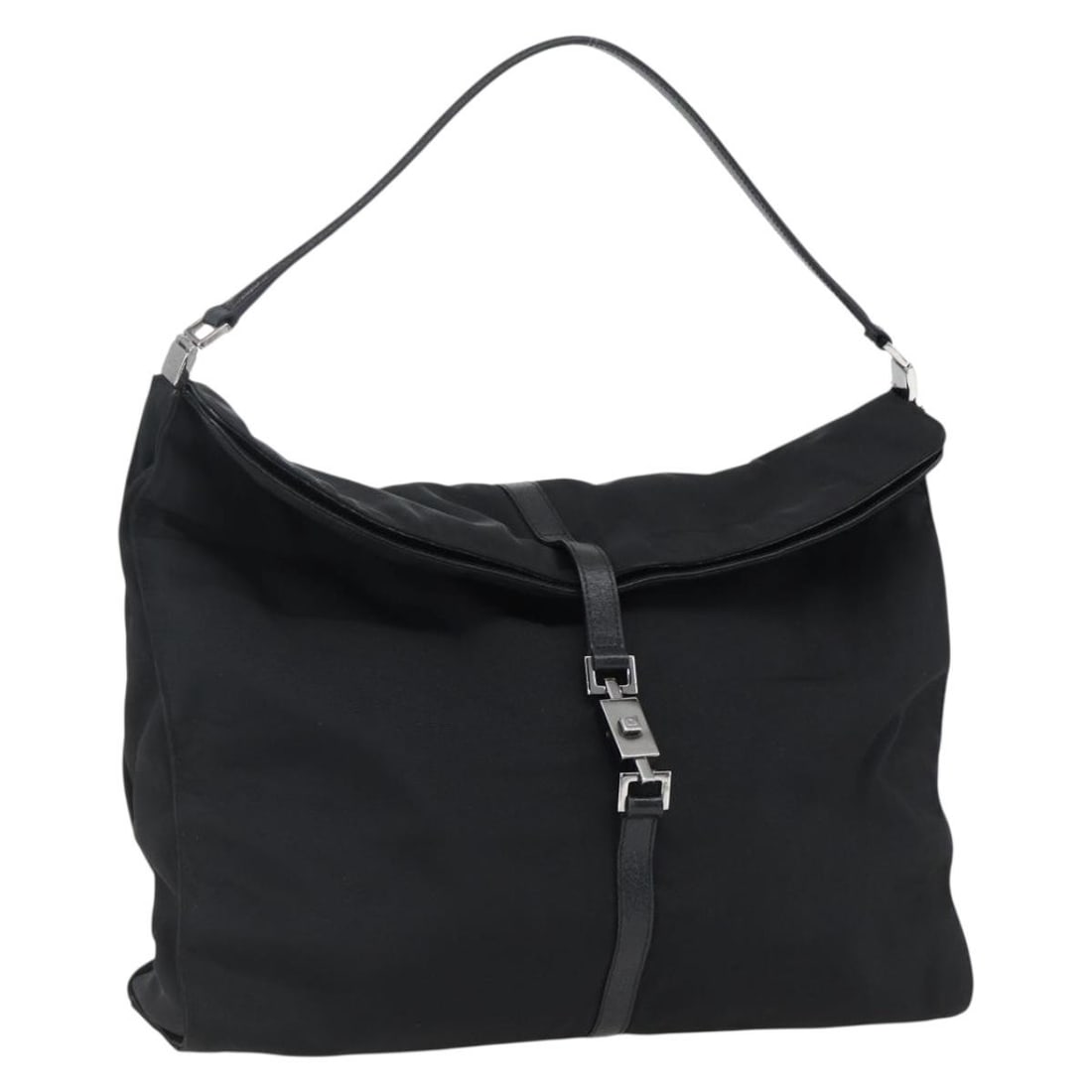 GUCCI Jackie Black Nylon Shoulder Bag Silver Tone: GUCCI Jackie Black Nylon Shoulder Bag Silver Tone This Gucci Jackie shoulder bag is crafted from nylon in black and silver. Made in Italy, it features a shoulder strap with an approximate drop of 5.9 