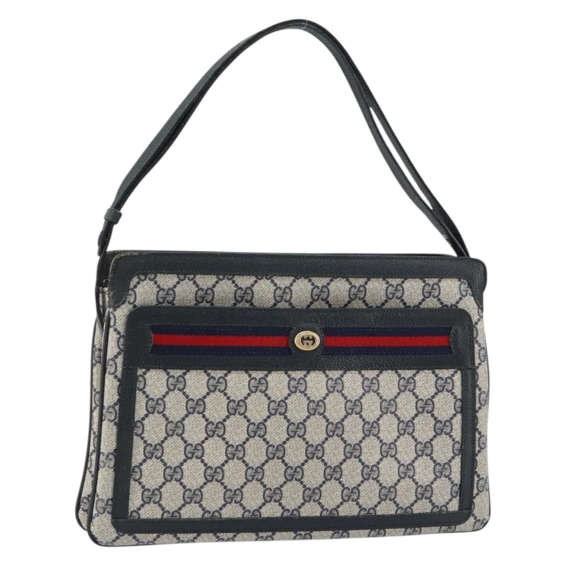 Navy GG Supreme Sherry Line Shoulder Bag by Gucci PVC Leather 41 02 090: Navy GG Supreme Sherry Line Shoulder Bag by Gucci PVC Leather 41 02 090 This is a Gucci GG Supreme Sherry Line shoulder bag crafted from navy and gold PVC leather with GG canvas accents. The bag featu