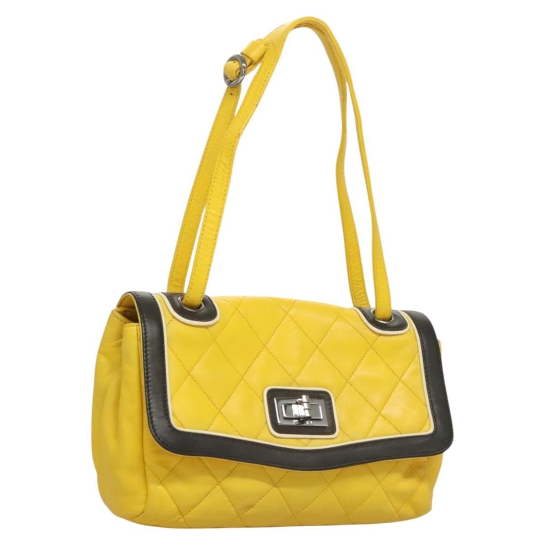 CHANEL 2.55 Matelasse Lamb Skin Shoulder Bag Yellow Silver: CHANEL 2.55 Matelasse Lamb Skin Shoulder Bag Yellow Silver A CHANEL Matelasse 2.55 shoulder bag in yellow lamb skin with silver-tone CC hardware. Made in Italy, this bag measures approximately 25 cm W