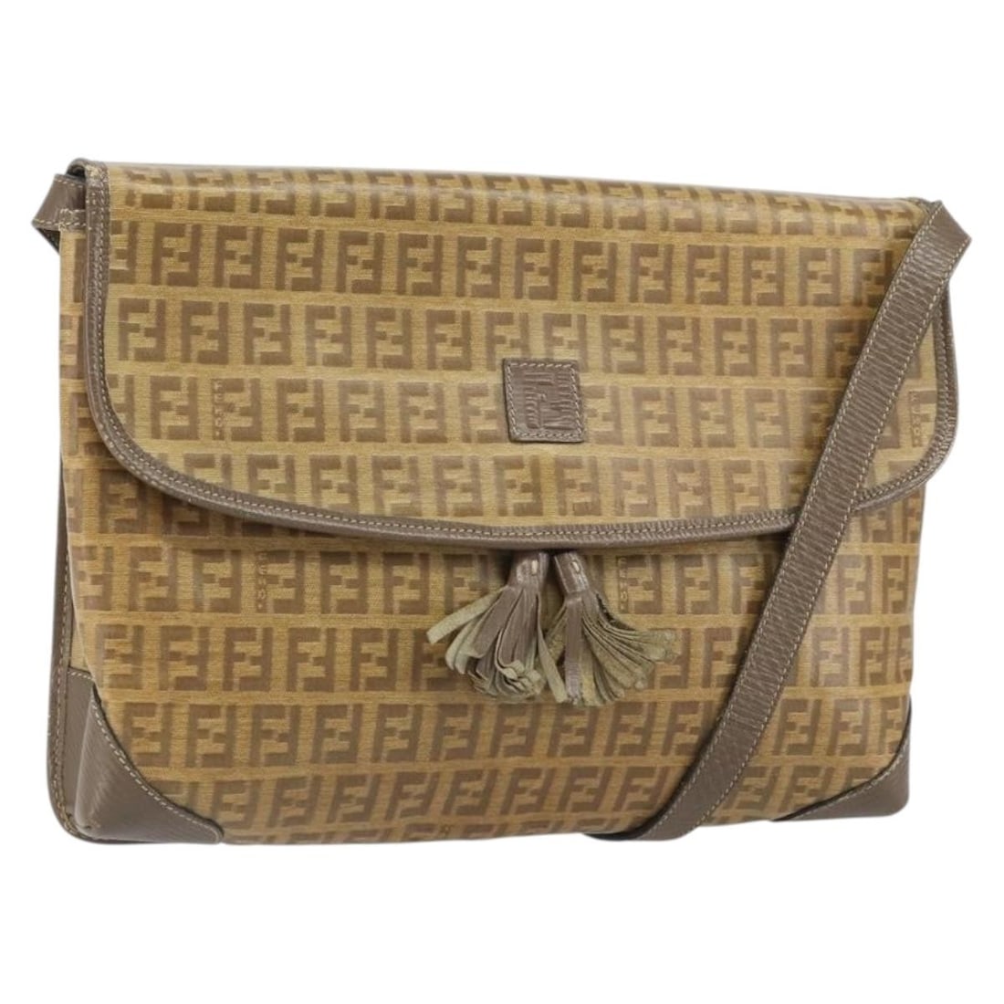 Beige Gold Fendi Zucchino Canvas Shoulder Purse Italy: Beige Gold Fendi Zucchino Canvas Shoulder Purse Italy This FENDI Zucchino Canvas Shoulder Bag features a beige and gold color scheme and is crafted from the signature Zucchino canvas. The bag is heavi