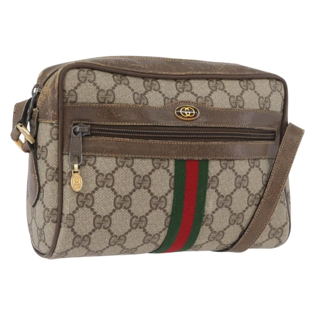Gucci GG Supreme Sherry Line Beige PVC Leather Shoulder Bag Gold Accents: Gucci GG Supreme Sherry Line Beige PVC Leather Shoulder Bag Gold Accents This is a Gucci GG Supreme Web Sherry Line shoulder bag crafted from beige and gold PVC leather with GG canvas accents. Designe